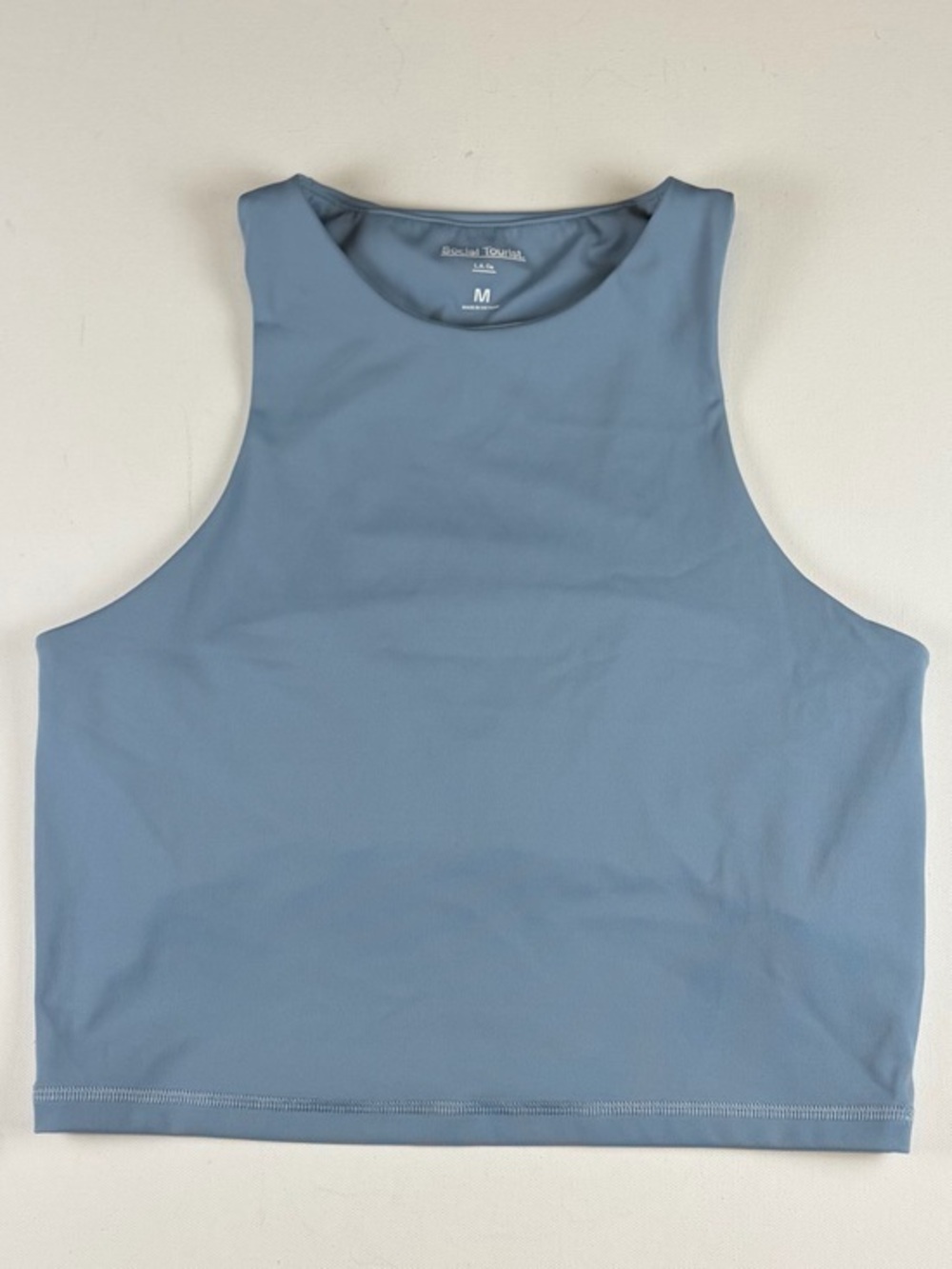 SOCIAL TOURIST BLUE HIGH NECK CROP TANK BUILT IN BRA ACTIVE TOP WOMENS SIZE M